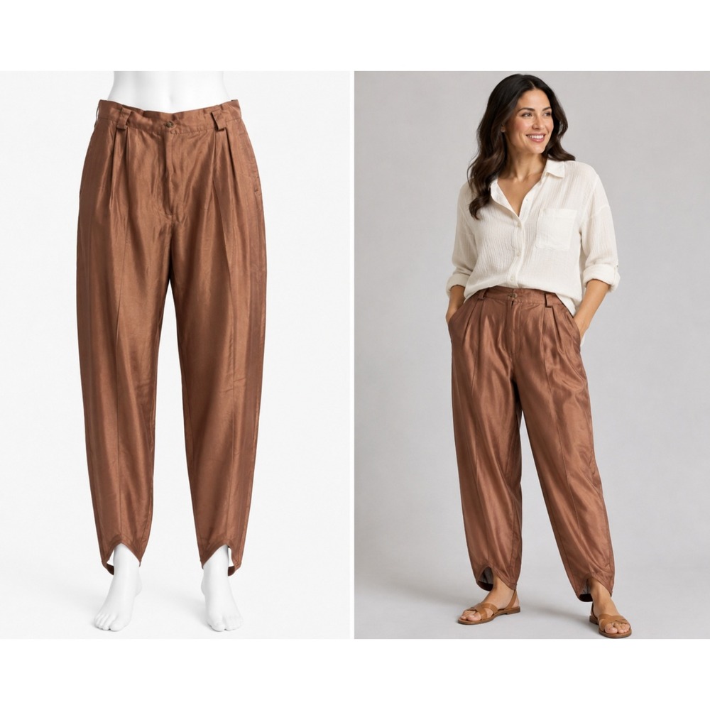 Vintage Express Stirrup Pants 13/14 Long Brown Pleated High Waist Satin 80s 90s